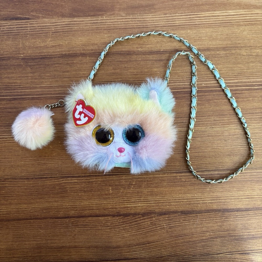 TY Beanie Boo Pastel Cat Crossbody Purse Plush Bag Chain Strap Pom Pom